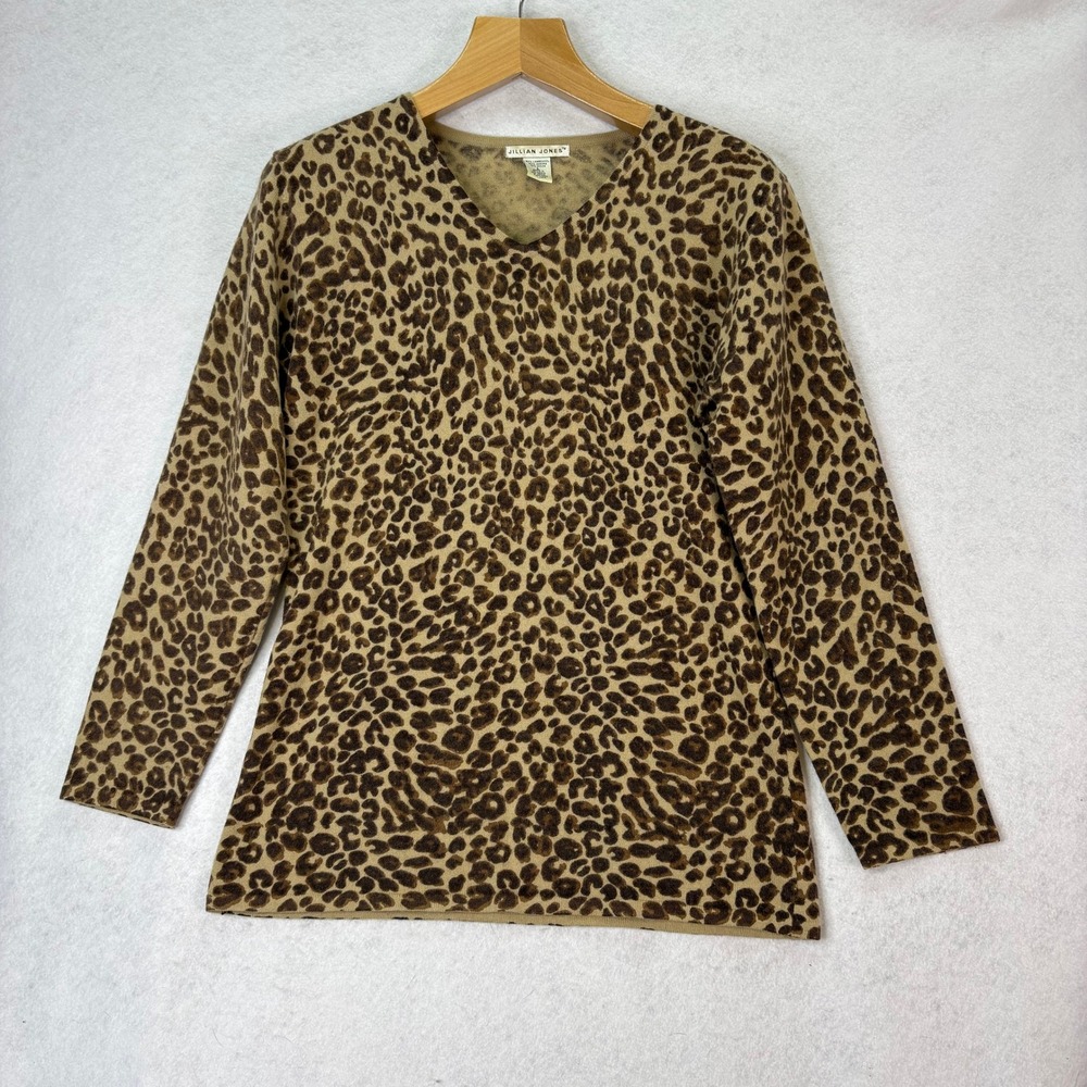 Jillian‎ Jones Brown Leopard V-Neck Lambswool Angora Sweater Womens L Mob Wife